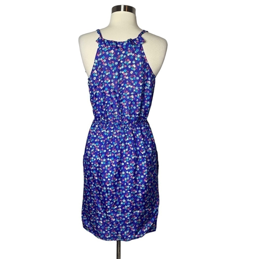 REBECCA Taylor 100% Silk Mini Ruffle Dress With Pockets | Blue Multi - Picture 7 of 7